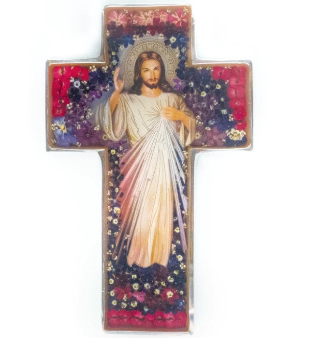 11 "x 7" Pressed Flowers Divine Mercy Wall Cross