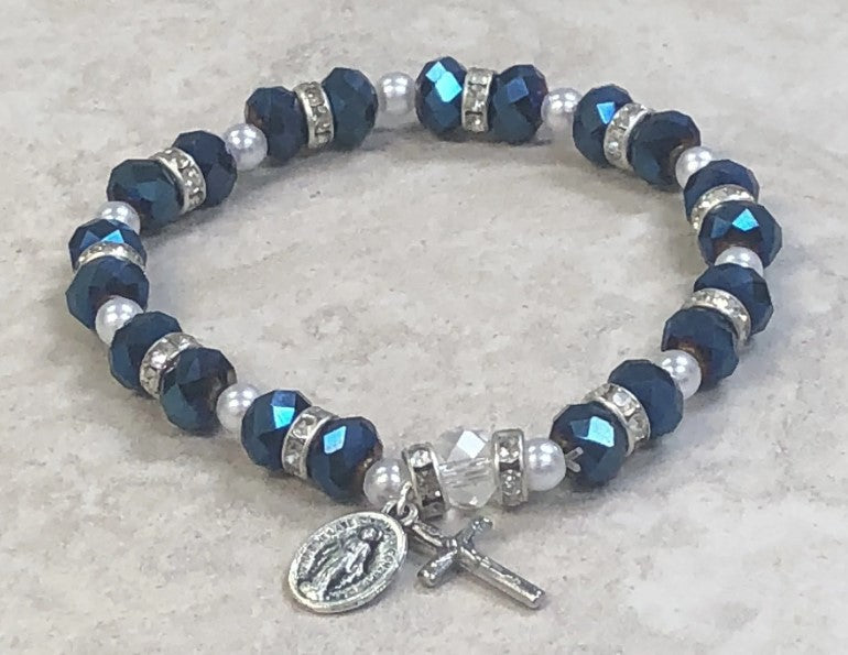 Sparkle Bead Rosary Bracelet with Strass Crystals. Miraculous Medal and Crucifix.