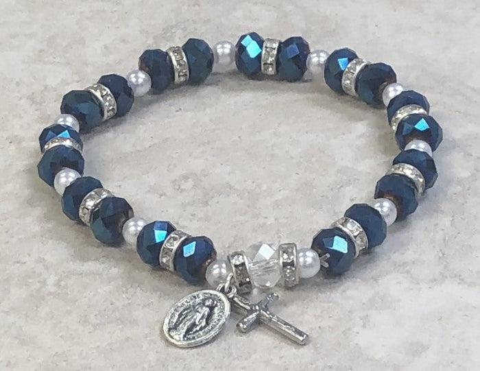 Sparkle Bead Rosary Bracelet with Strass Crystals. Miraculous Medal and Crucifix