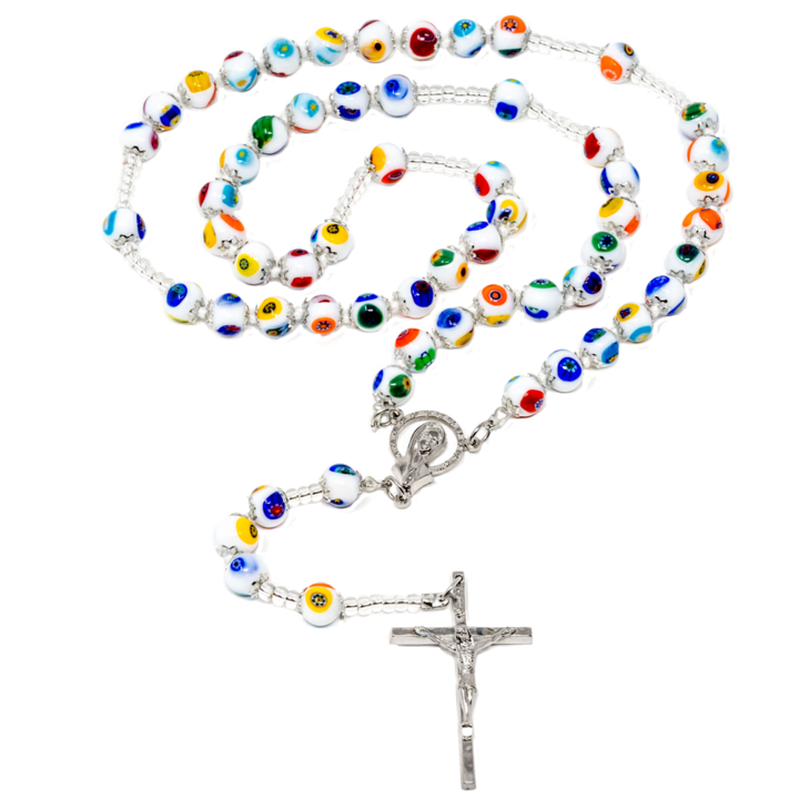 White Genuine Murano Rosary with handknotted Mosaic Beads
