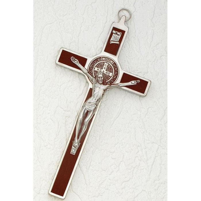 Saint Benedict Wood Inlay Cross - Silver Tone Medal