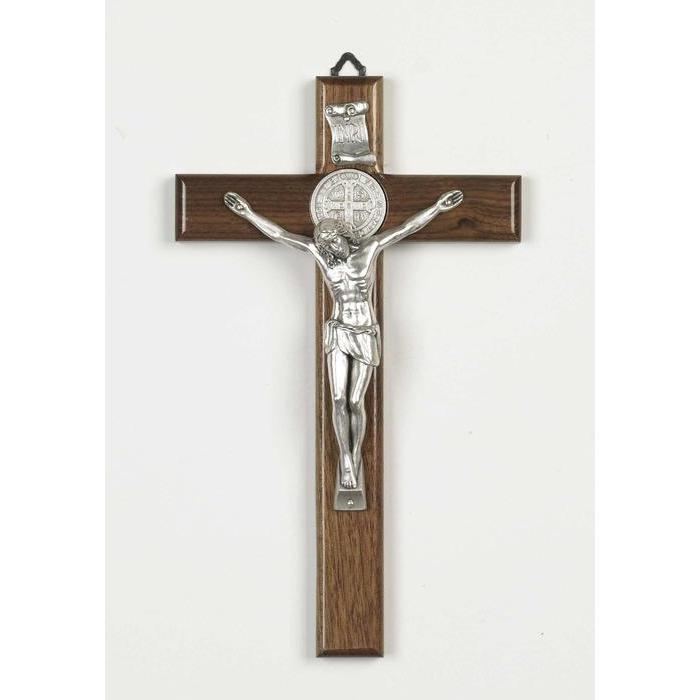Saint Benedict Nut Wood Cross - Silver Tone