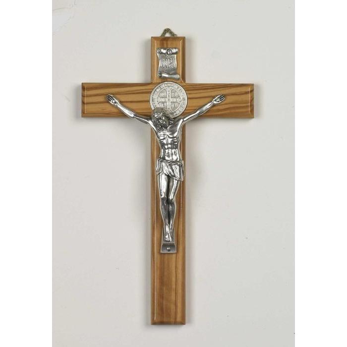 10" Saint Benedict Olive Wood - Silver Tone Corpus and Medal