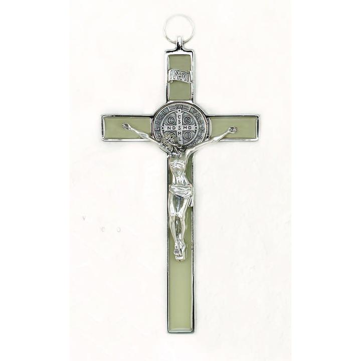 Saint Benedict Glow in the Dark Enamel Cross - Silver Tone Medal