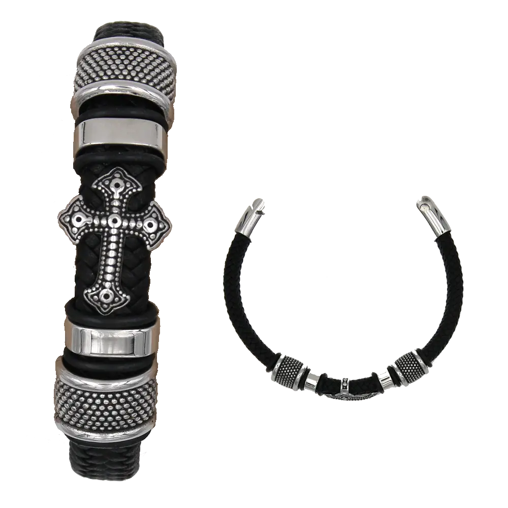 Men's Genuine Leather Bracelet with Cross & Silver-Tone Accents