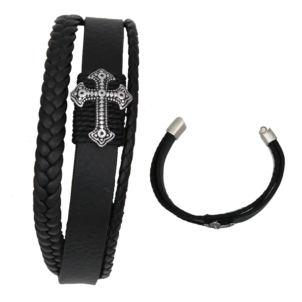 Men's Genuine Leather Bracelet with Cross.
