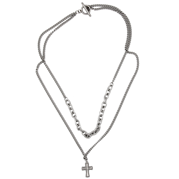 2 Strand Silver-Tone Chain Necklace with Cross