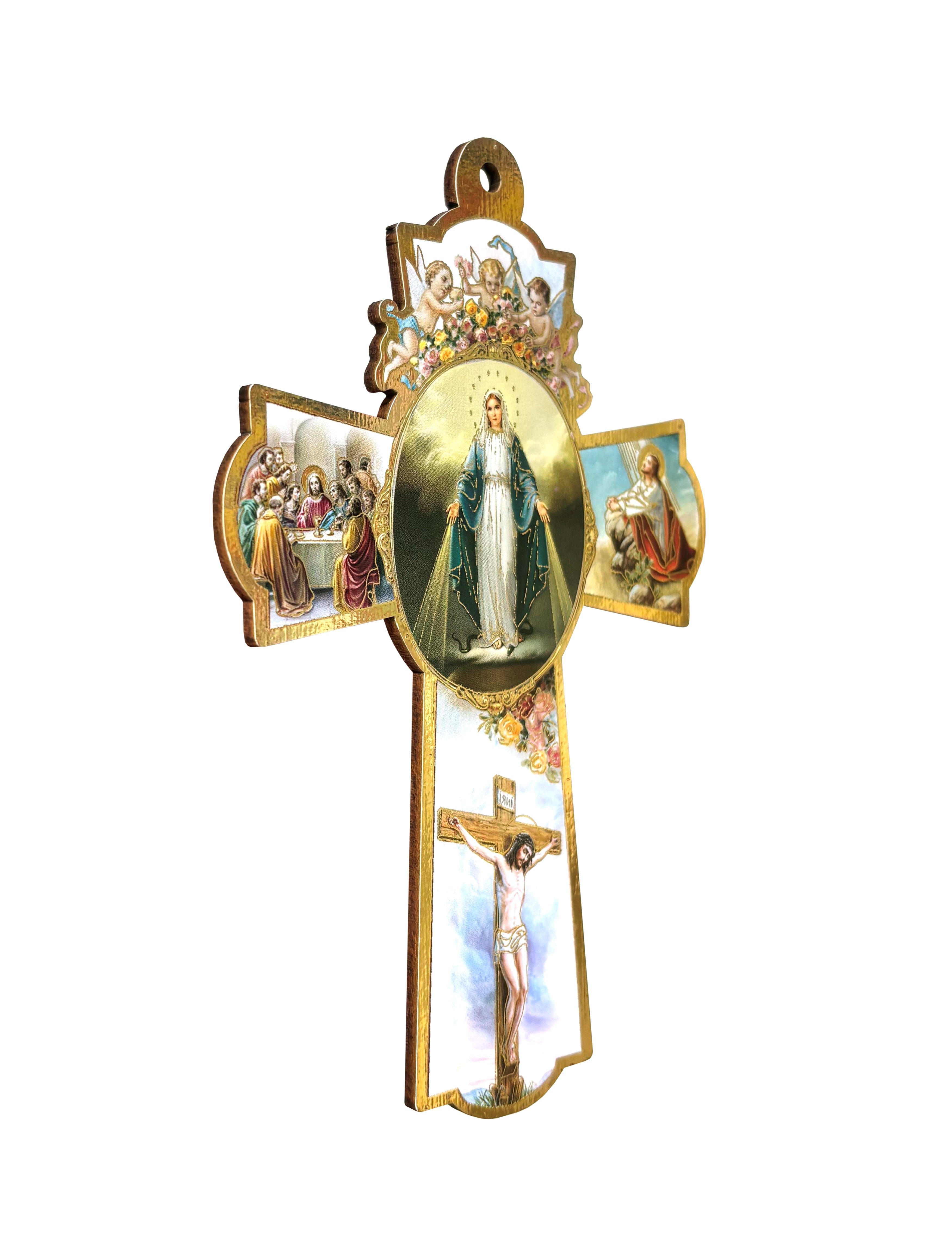 Wooden crucifixes with color images and golden details