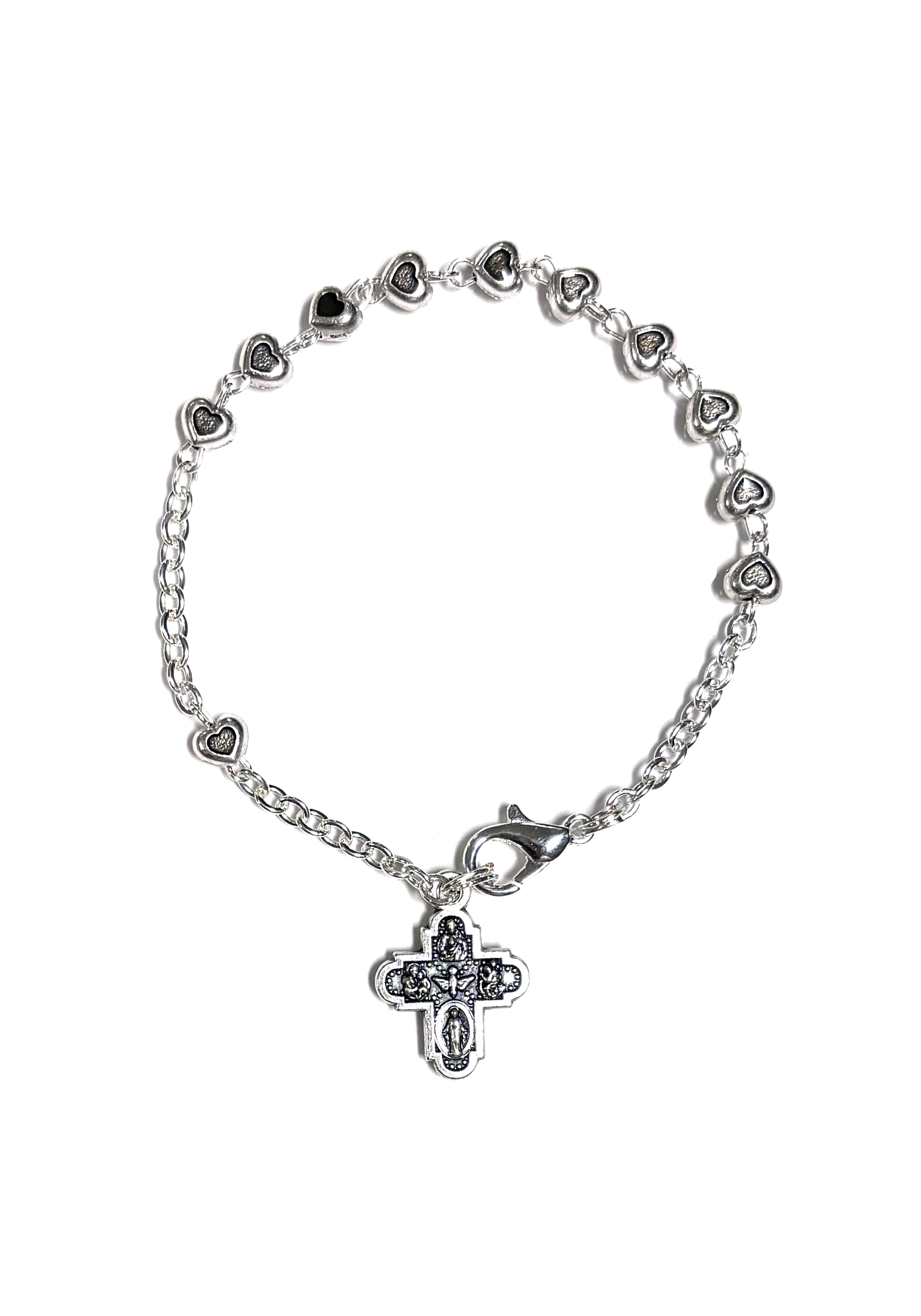 Oxidized silver bracelet with heart-shaped beads and five way corss