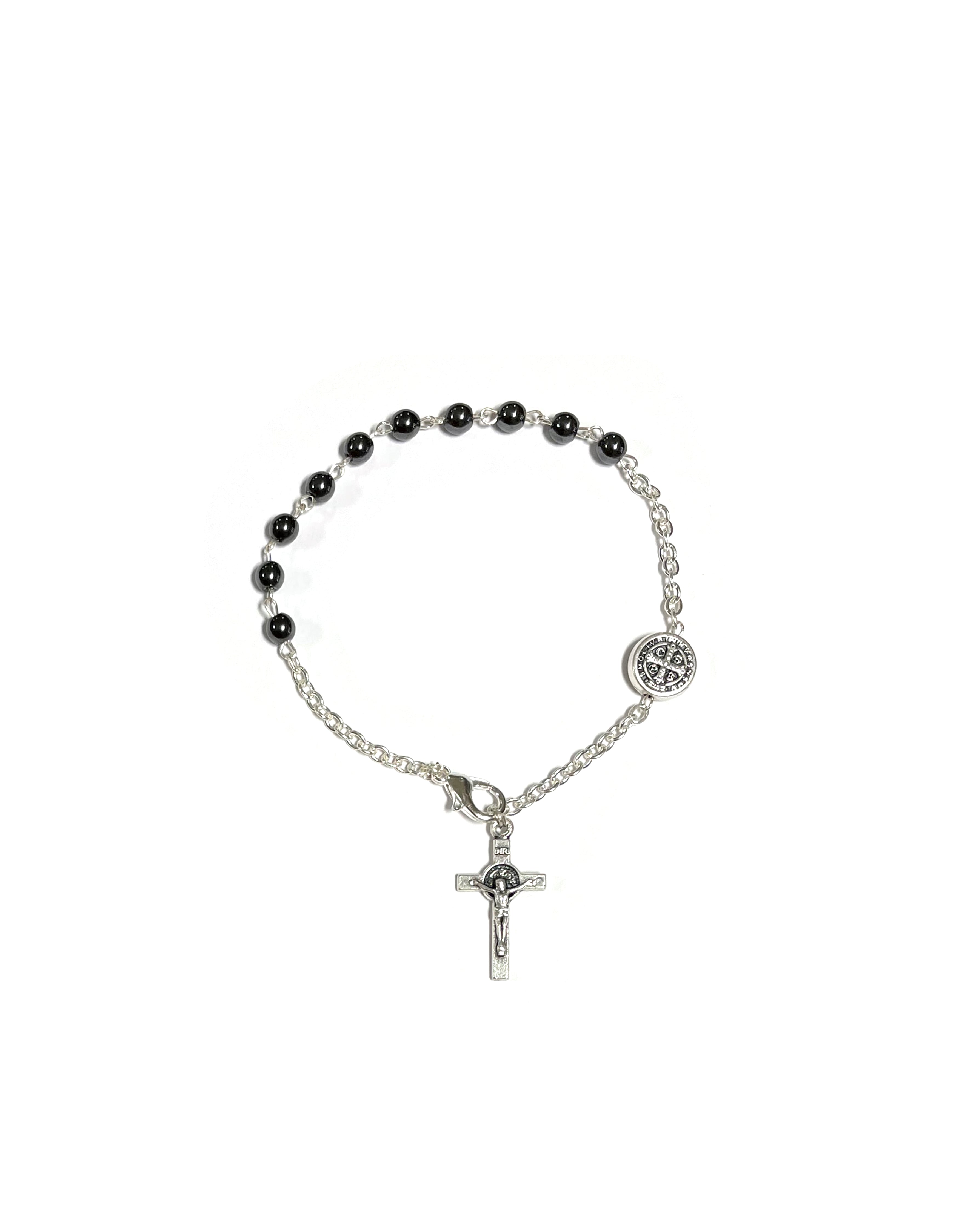 Oxidized silver hematite stone Saint Benedict bracelet