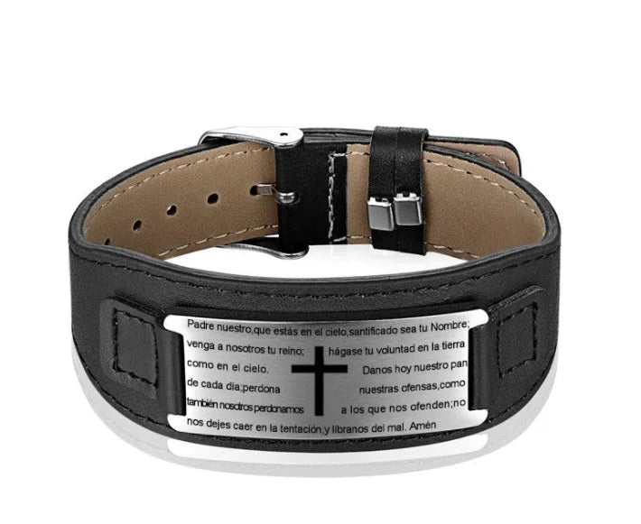 Men's Leather-Stainless Steel Bracelet  Our Father Lord's Prayer (Prayer in Spanish)