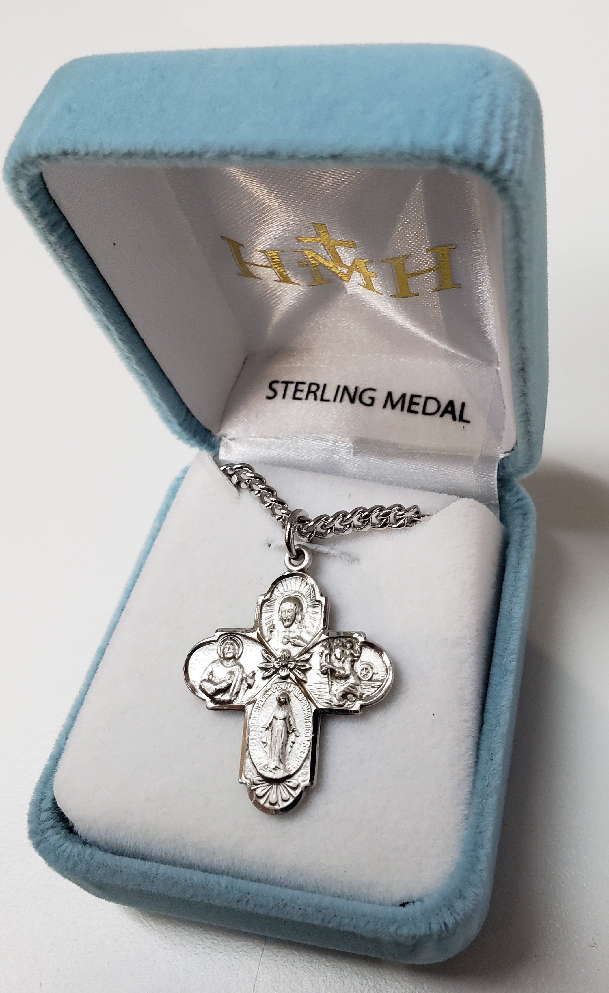 Sterling Silver Saint Jude Four Way Medal with Flower Center 24" Ch