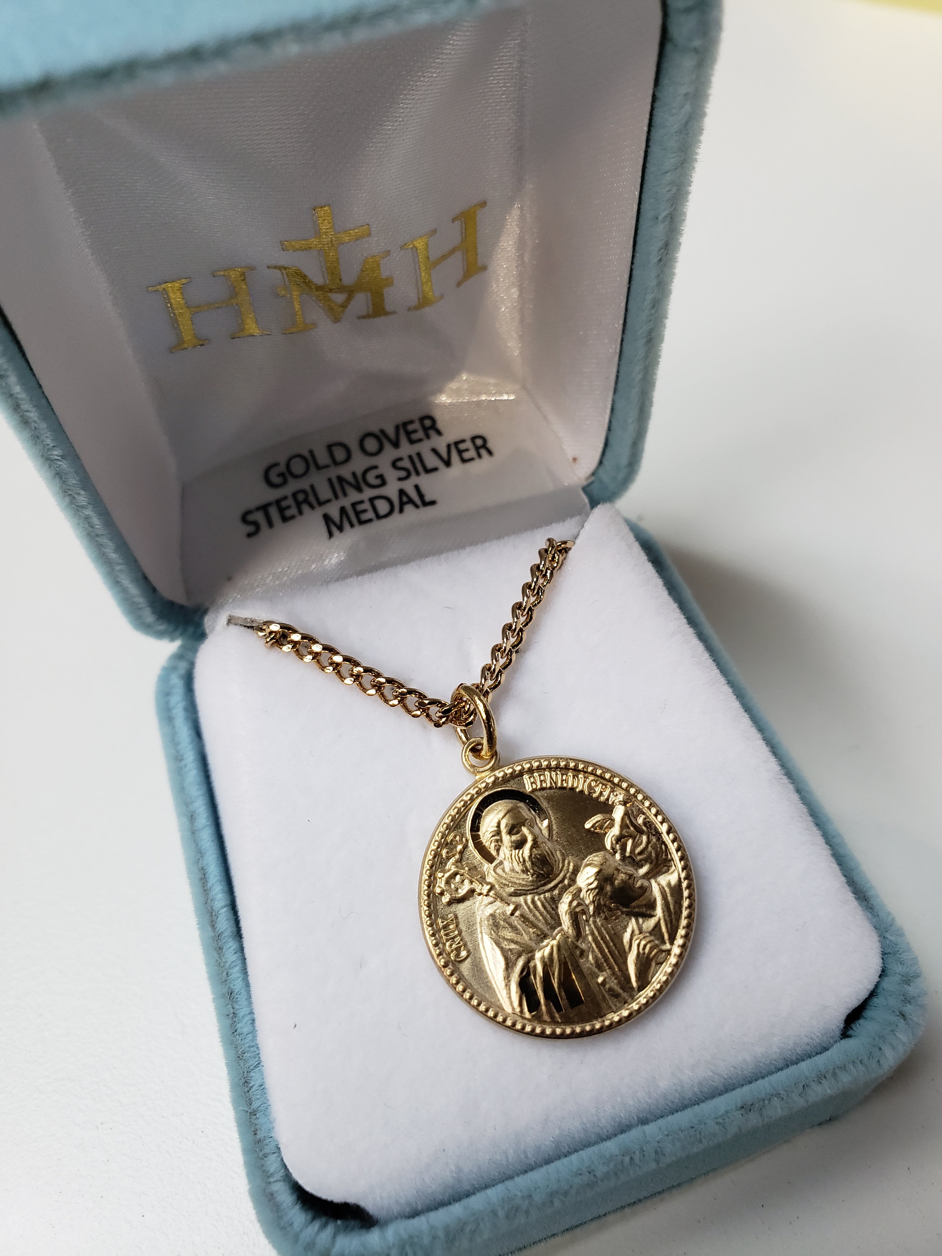 Gold Over Sterling Silver St Benedict Exorcism Round Medal'