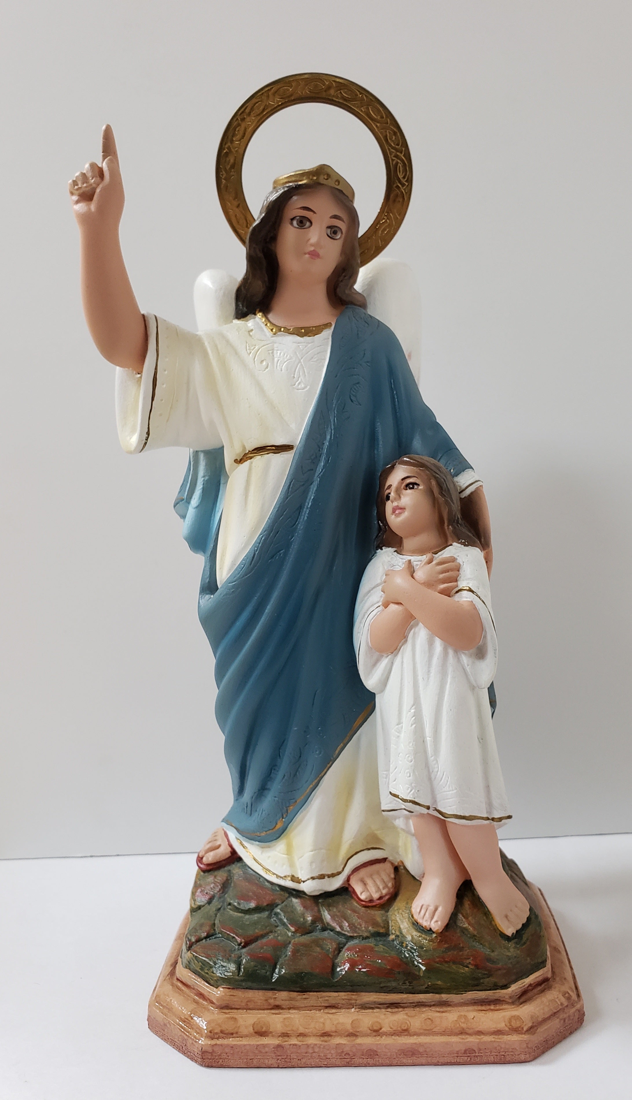 10" Antique Statue Guardian Angel with Child/ Spanish Religious Art/ Glass Eyes