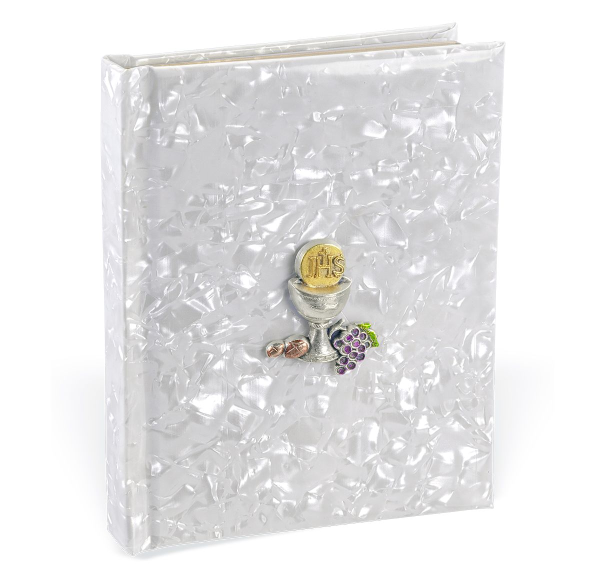 Child of God White pearlized Communion Book with Cahalice Medal on the cover.