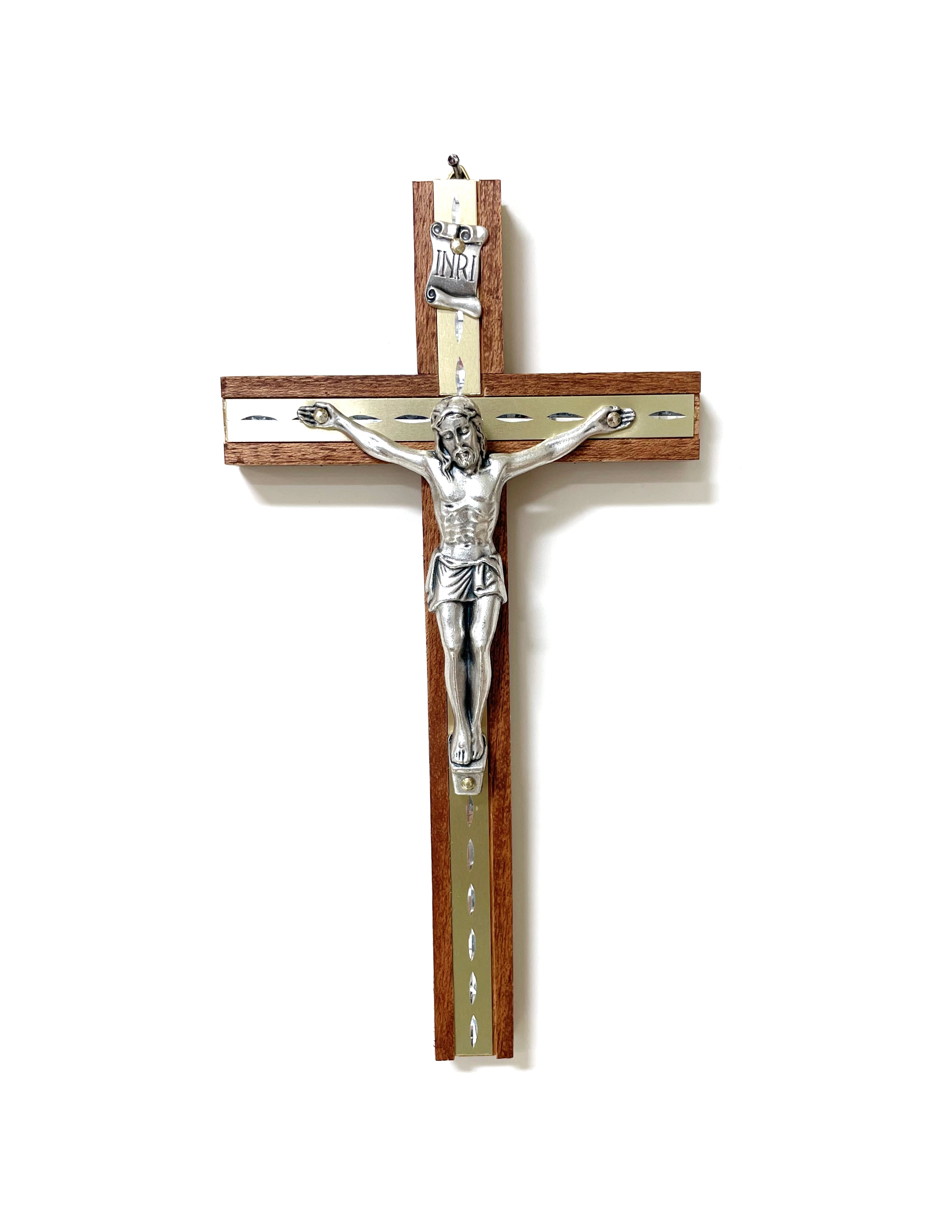 Wooden crucifixes with golden line and silver metal body with standing base and for wall