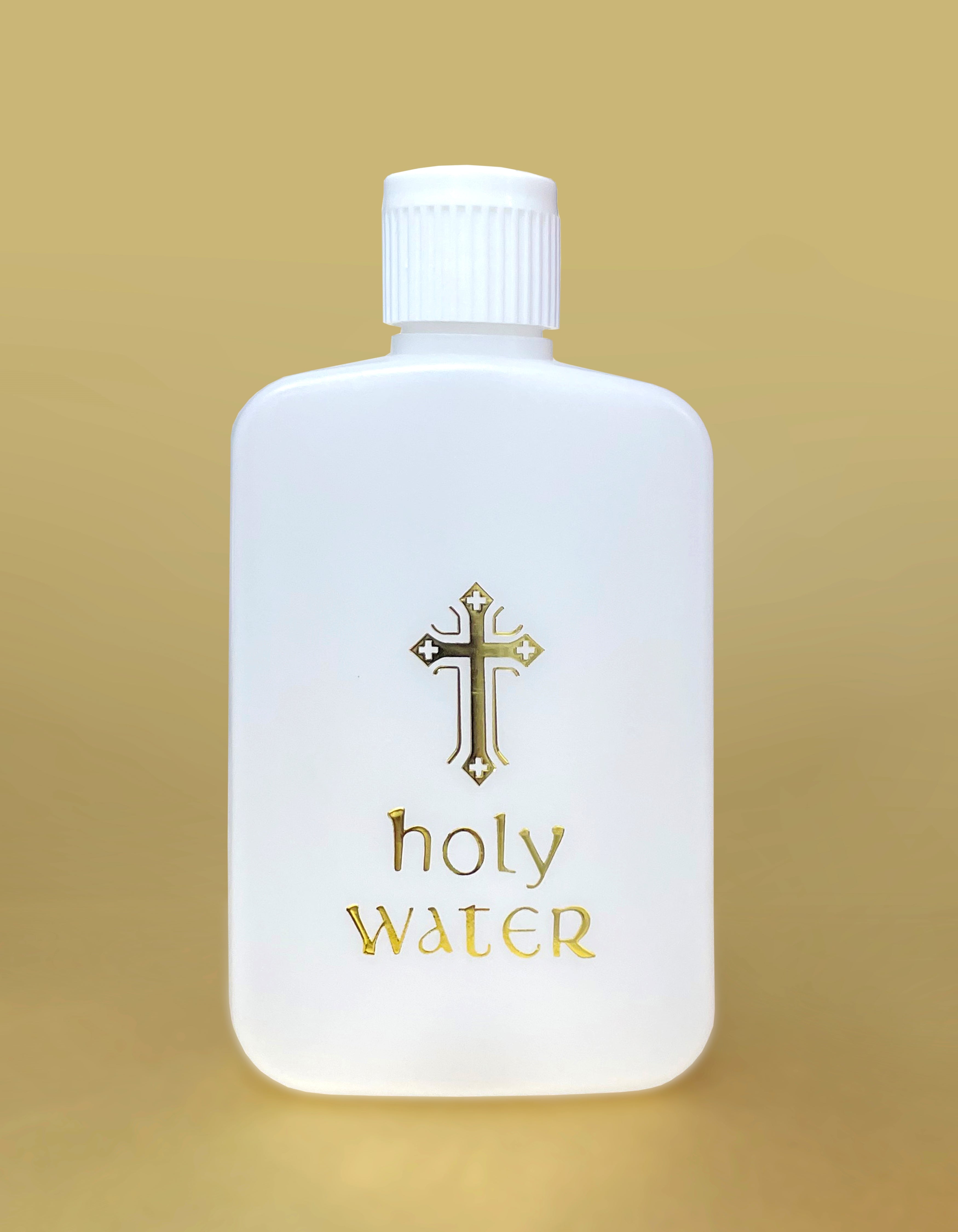 Holy water plastic bottle with golden details and safety cap design