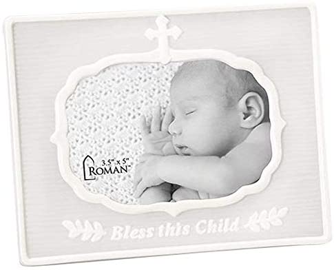 Bless This Child Sprigs With Cross Soft Gray 6.5 x 5 Porcelain Photo Frame