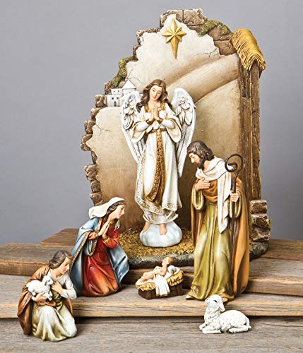 Nativity Set by Joseph's Studio 7-Piece with Back Wall, Holy Family, Angel, Shepherd and Sheep, 12.25" H, Decorative Figures