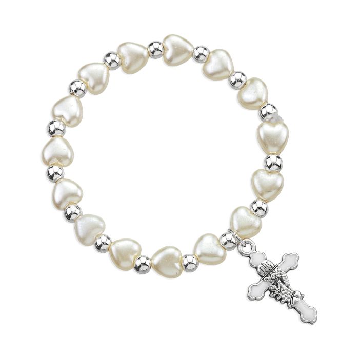 White Pearlized Stretch Bracelet with Small White Epoxied Communion Cross