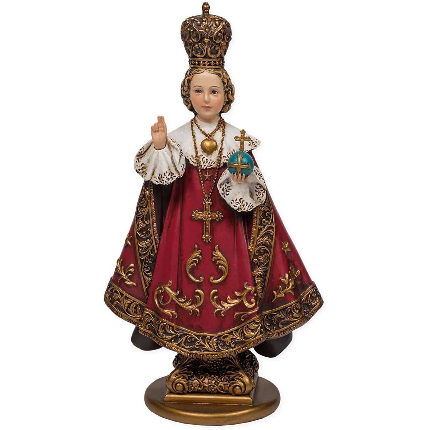 Roman Infant Of Prague With Cross Royal Red Robes 5 x 10 Inch Resin Stone Tabletop Figurine
