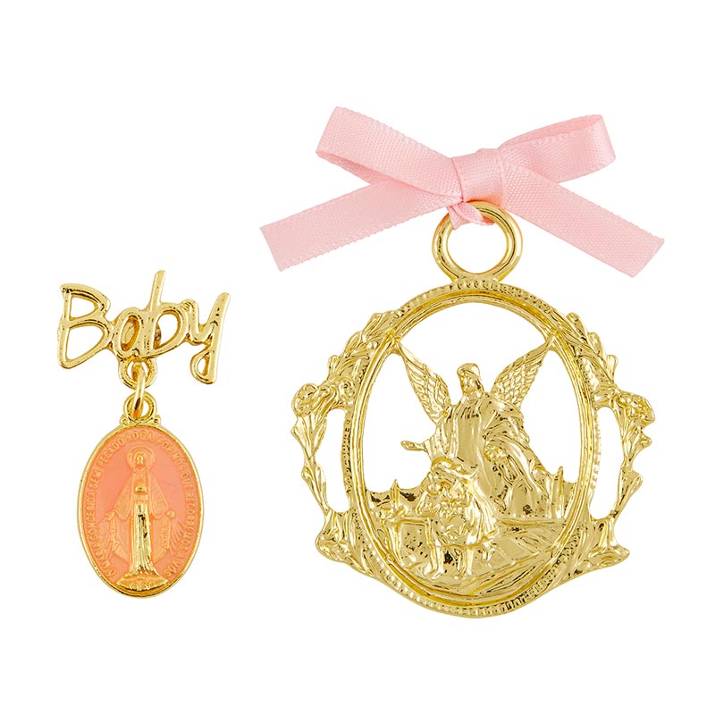 Guardian Angel Crib Medal with Pink Miraculous Pin