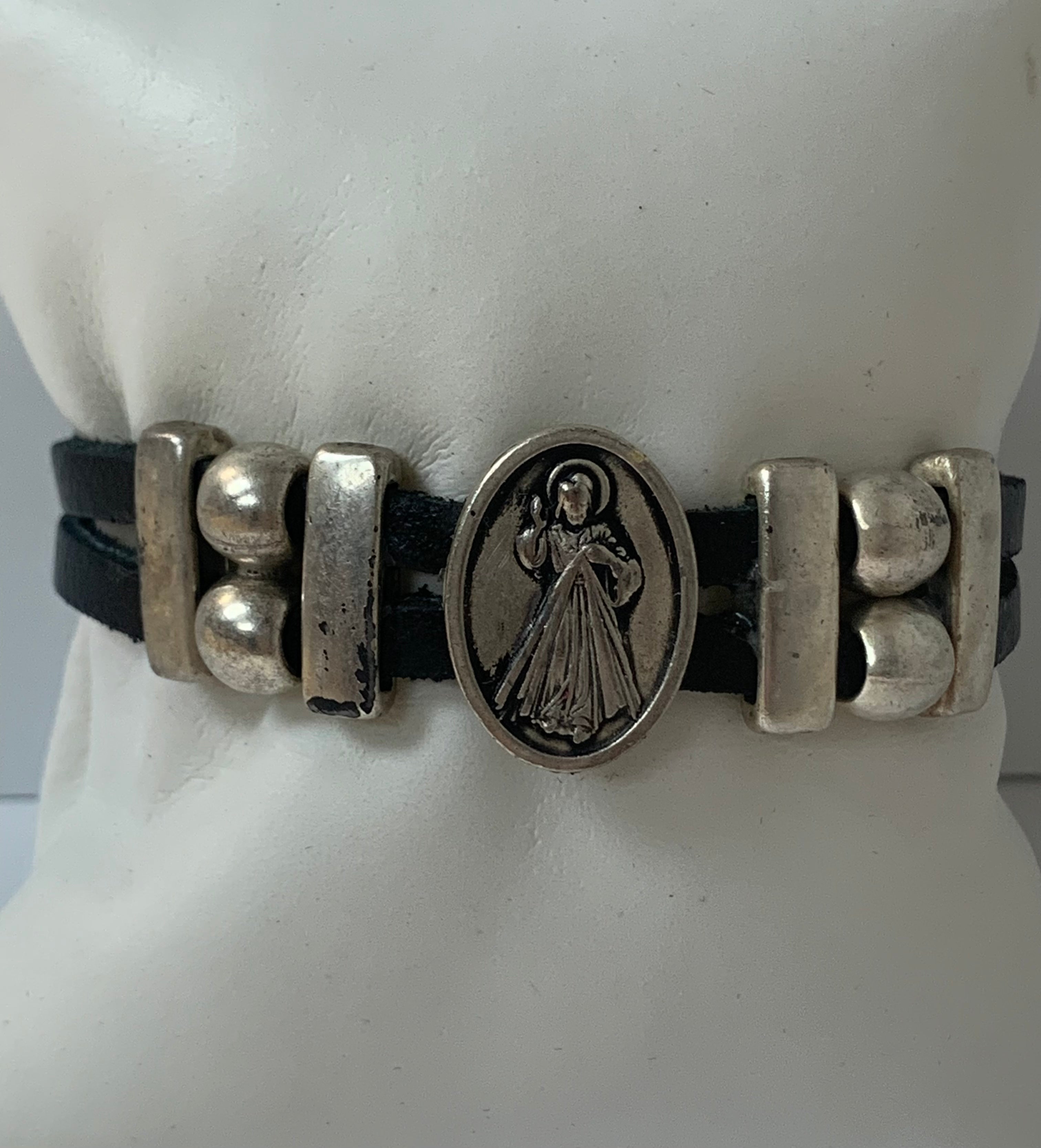 Bracelet of Divine Mercy Medal handmade jewelry with Double Leather Straps by Graciela's Collection