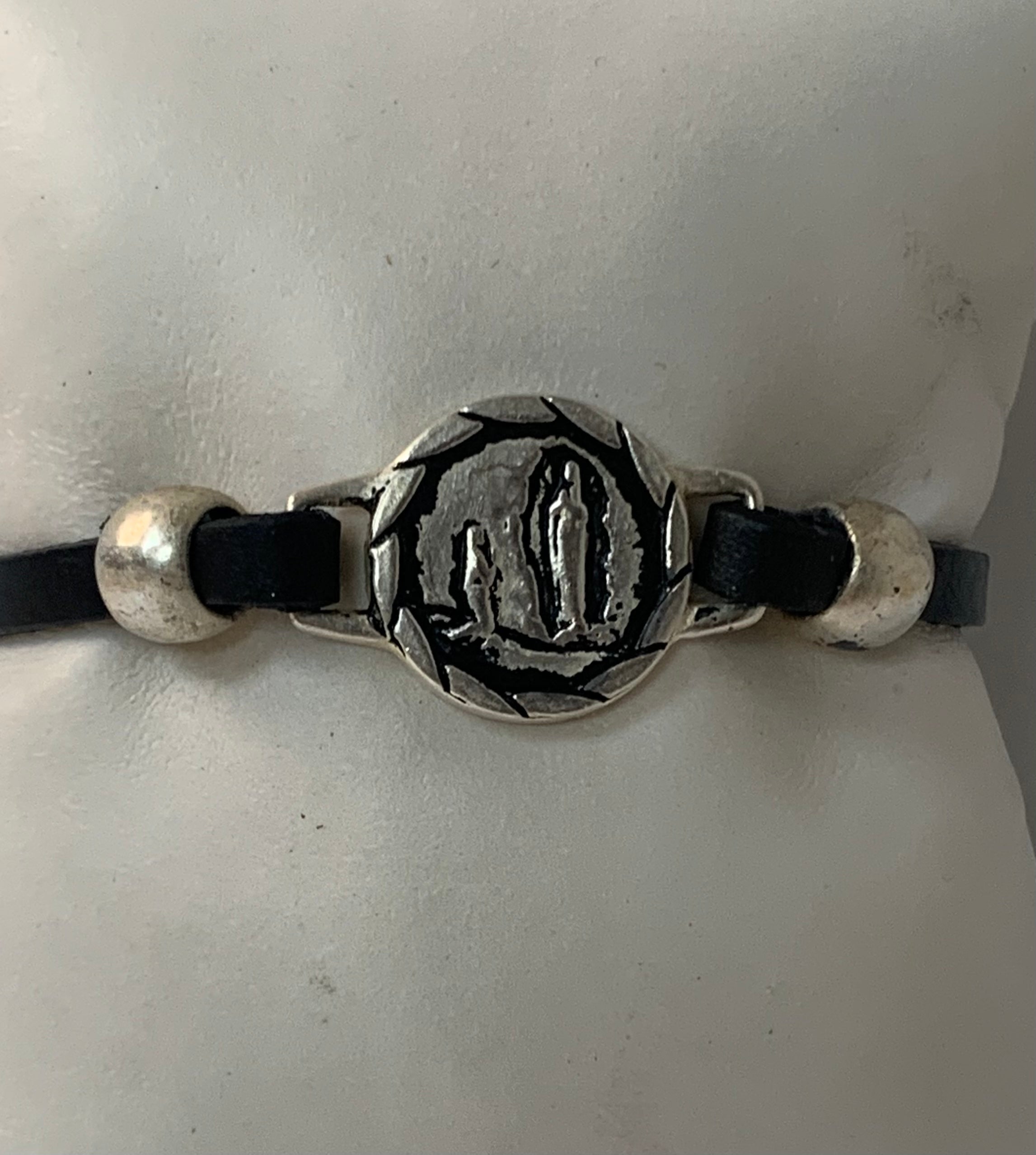 Bracelet of Our Lady of Lourdes handmade jewelry with Leather Straps by Graciela's Collection