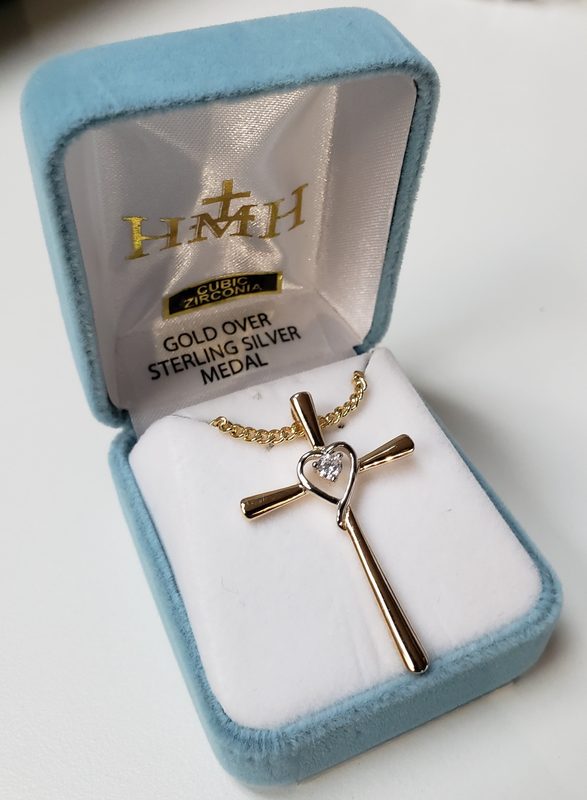 Two Tone Cross Rhodium w/Plated Heart & CZ