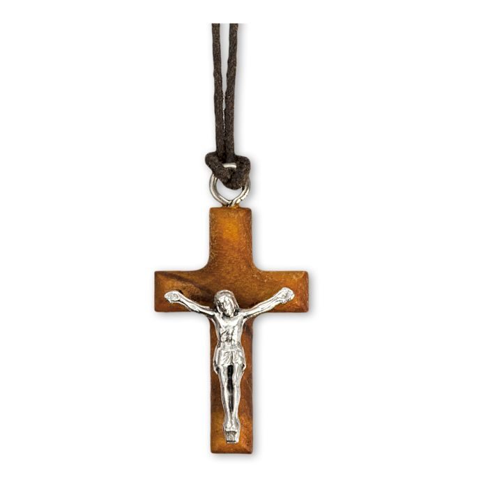 1 Olive Wood Crucifix on Brown Cord
