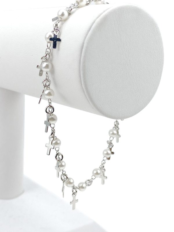 Bracelet with simulated pearls and crosses charms - Gold plated