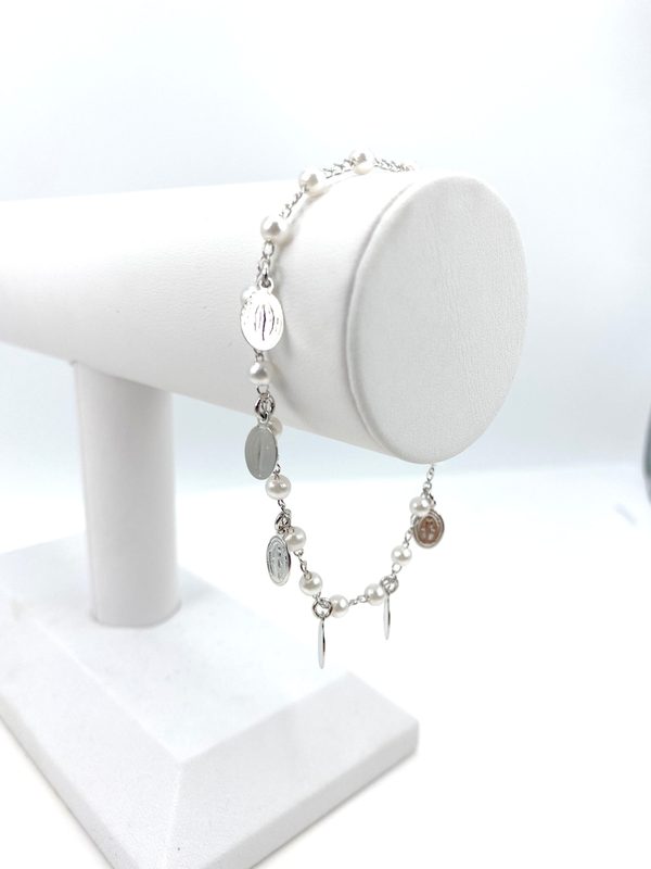 Bracelet with simulated pearls and Our Lady of Grace charms - Gold Plated