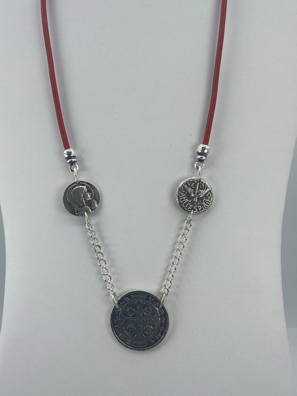 Vintage Necklace of three Medals The Virgin Mary, St Benedict, and the Holy Spirit with Leather - Sand Leather