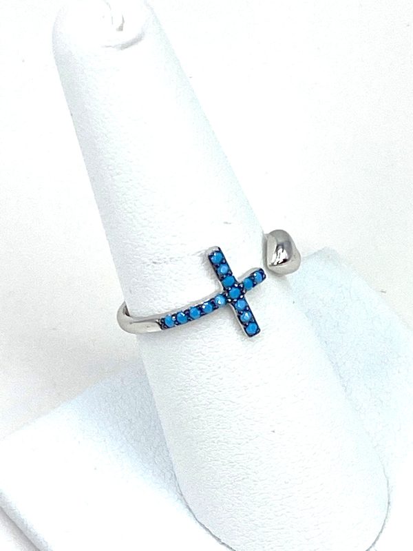 Ring with a Heart and a Turquoise Beads Cross - open back ring - 8