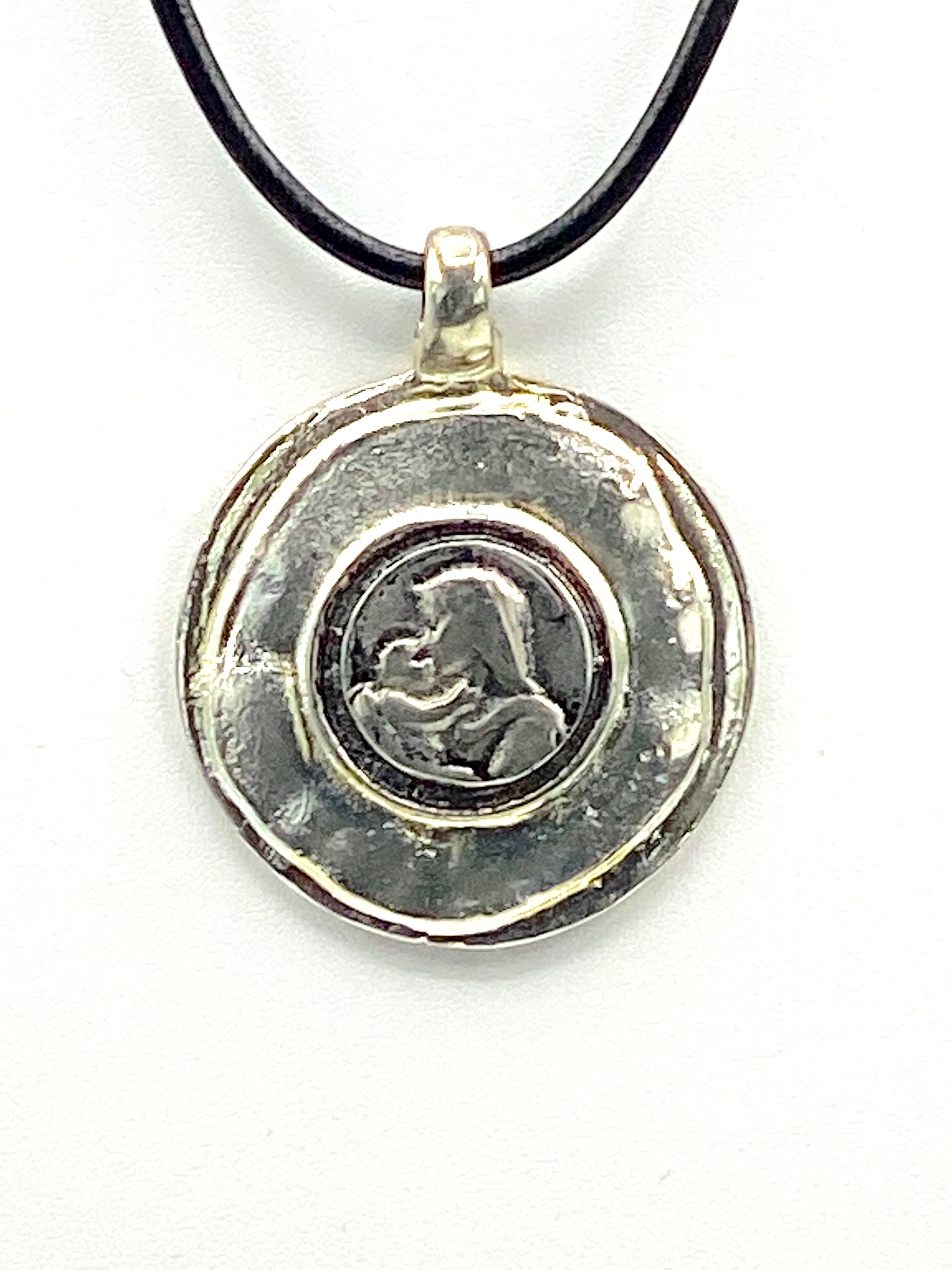Vintage The Madonna and Child Jesus Medallion Necklace  Handmade Jewelry with Genuine Leather Strap by Graciela's Collection