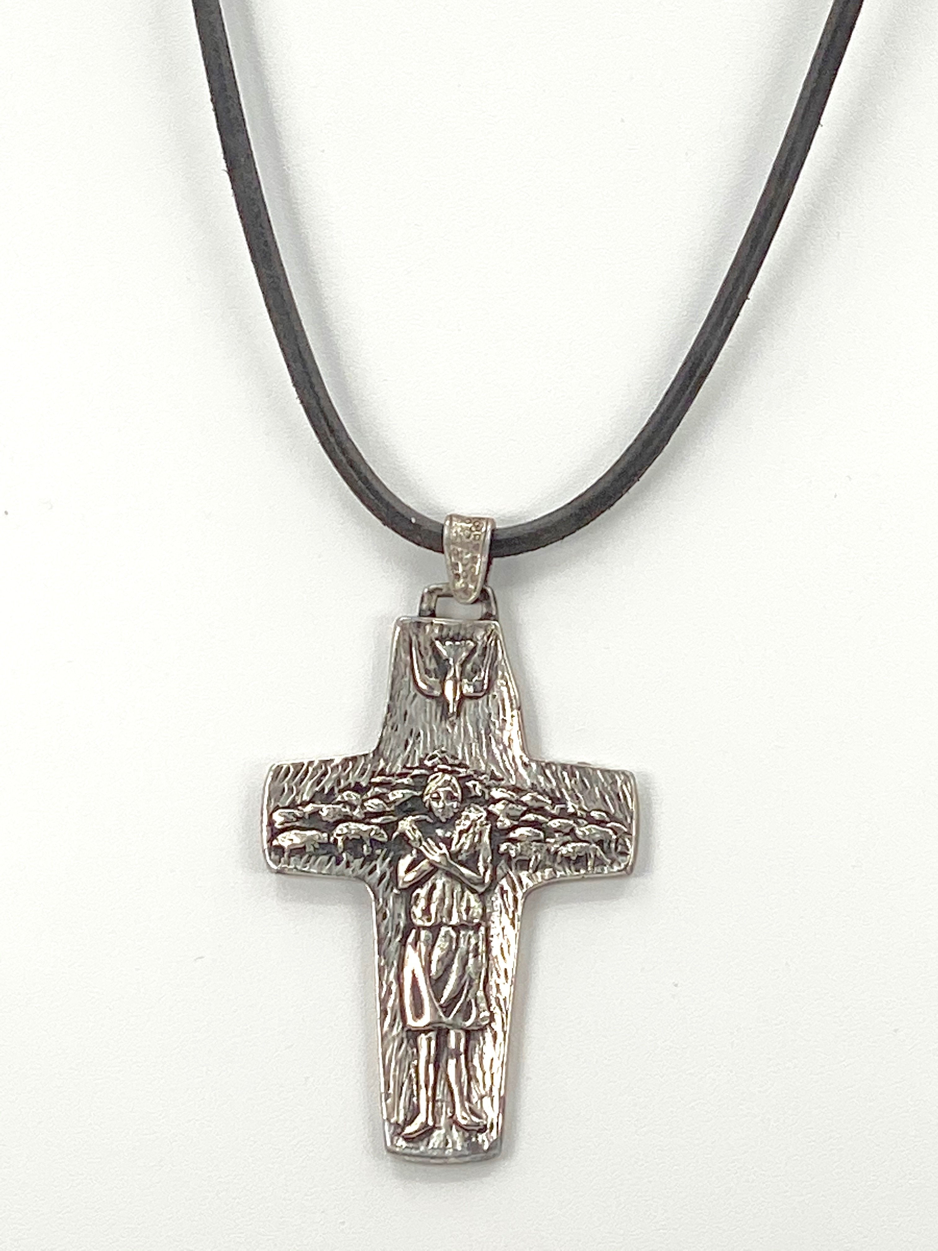 Vintage Necklace of the Good Sheppard  Handmade Jewelry with Genuine Leather Strap by Graciela's Collection