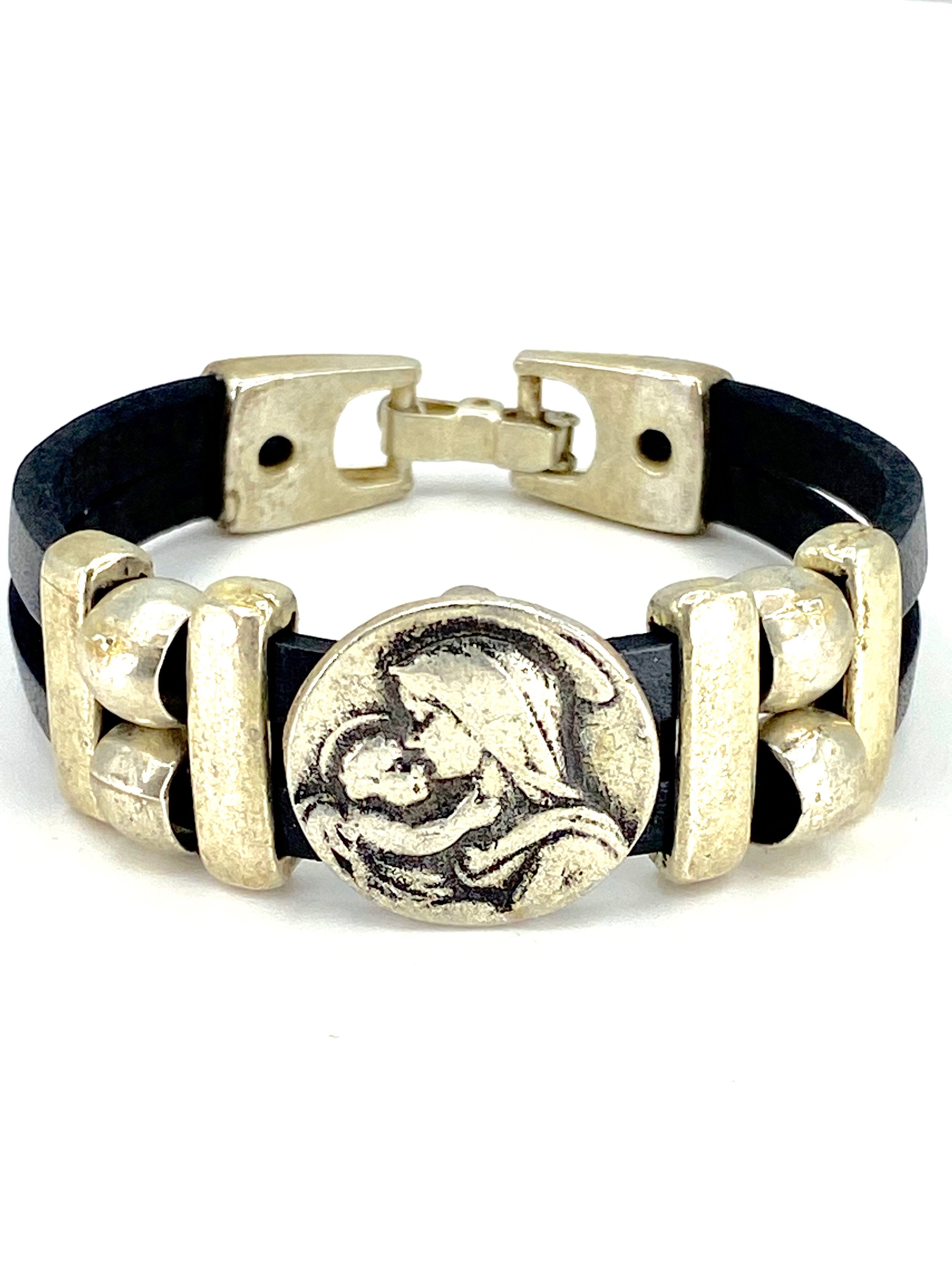 Bracelet of  The Madonna and Child Jesus bracelet handmade jewelry with Double Leather Straps by Graciela's Collection