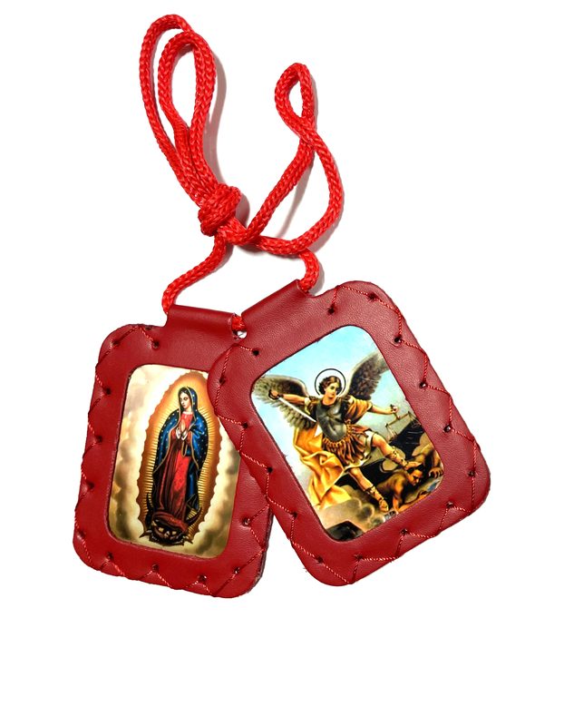 Extra large leather scapular, Escapulario de cuero extra grande - Golden / Our Lady of Mt Carmel and Sacred Heart of Jesus