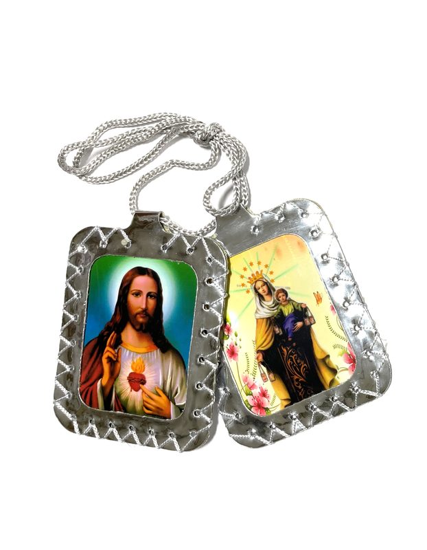 Extra large leather silvering scapular, Escapulario extra grande de cuero plateado - Our Lady of Lourdes and Saint Michael