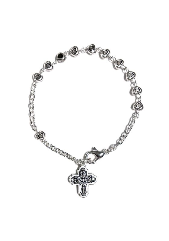 Oxidized silver bracelet with heart-shaped beads and five way corss - Silver