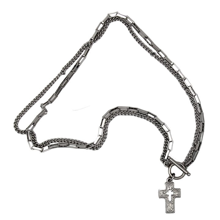 2 Strand Silver-Tone Chain and Link Necklace with Cross