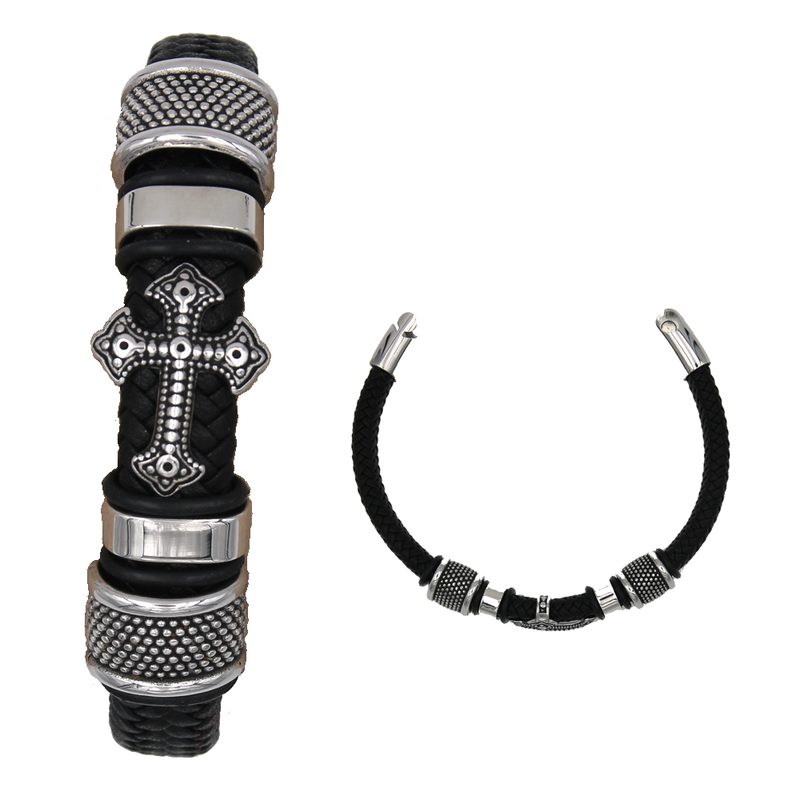 Men's Genuine Leather Bracelet with Cross & Silver-Tone Accents
