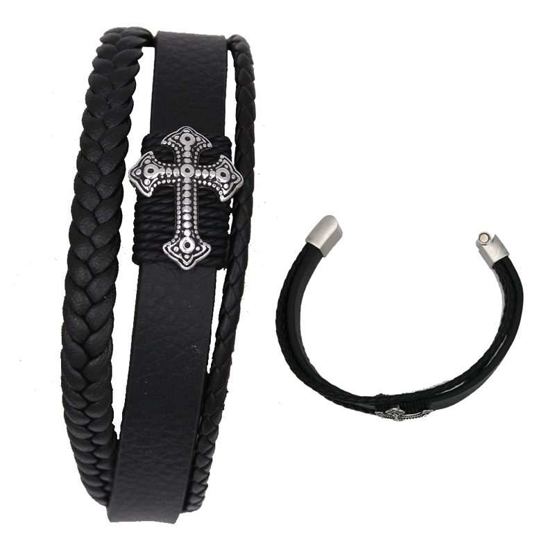 Men's Genuine Leather Bracelet with Cross.