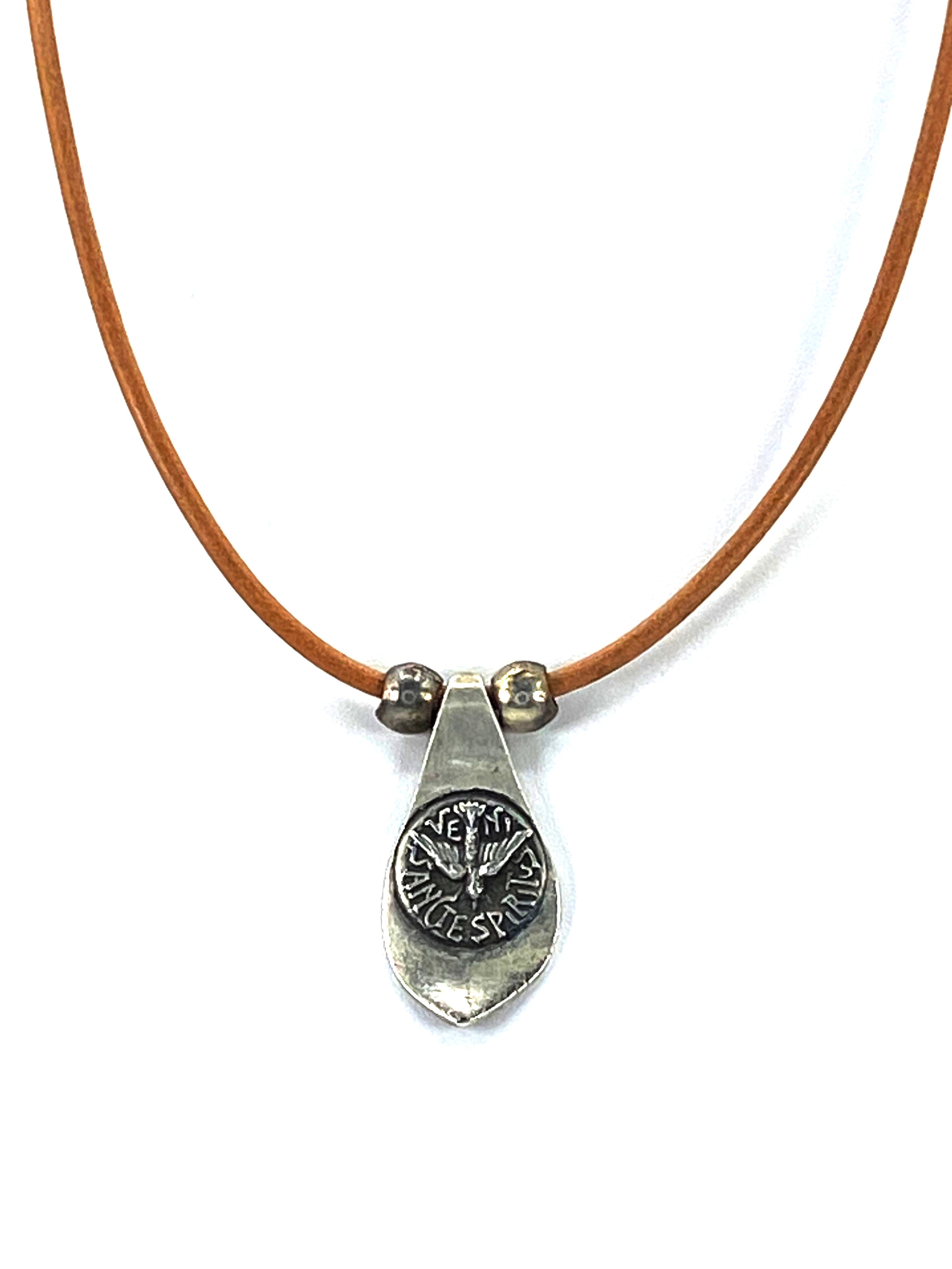 Vintage Necklace of The Holy Spirit Handmade Jewelry with Genuine Leather Strap by Graciela's Collection