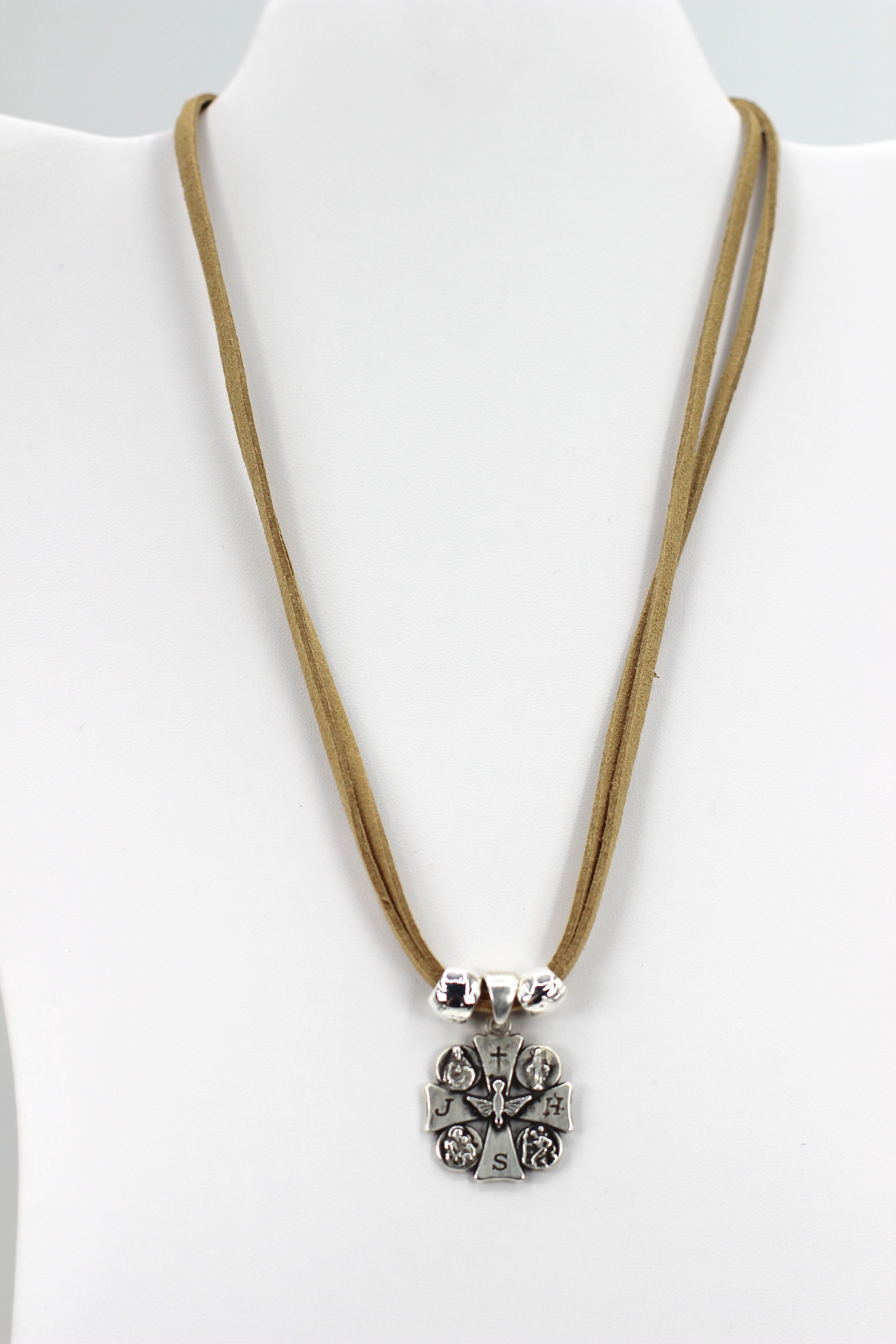 Holy Spirit Cross Necklace Handmade Jewelry with Genuine Leather Strap by Graciela's Collection