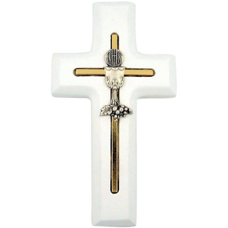 First Communion Cross Wooden with Inlay Chalice and Host, 5 Inch - Wood / White / 1