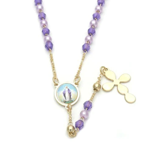 Rosary necklace purple beads and Miraculous medal In color 18â€