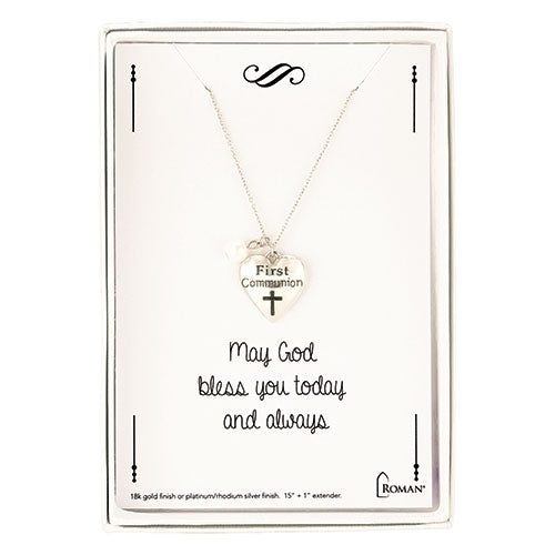 Roman Cross Heart Silver Tone 15 inch Brass and Zinc Metal First Communion Necklace - Silver