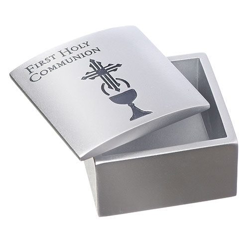 Roman First Holy Communion Brushed Silver Tone 2 Inch Resin Stone Keepsake Box and Lid