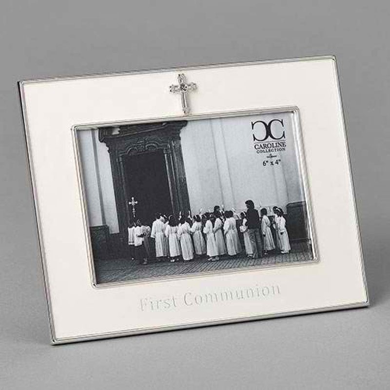 Roman 6-inch Communion Picture Frame with Cross, 4-inch x 6-inch - Zinc, Alloy / / White